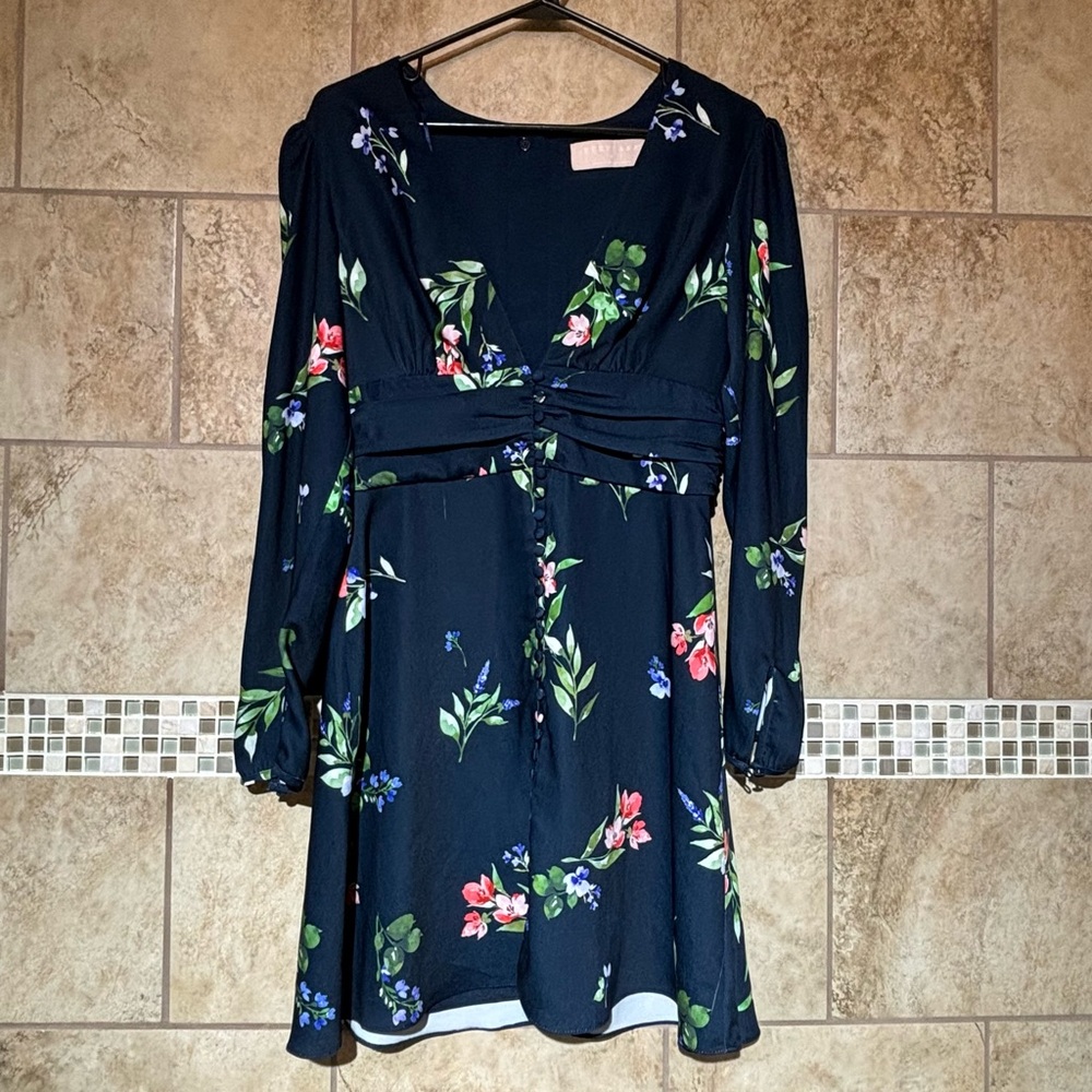 Keepsake the Label M Satin Floral Navy Mini V-neck Long Sleeve Dress - Picture 2 of 9